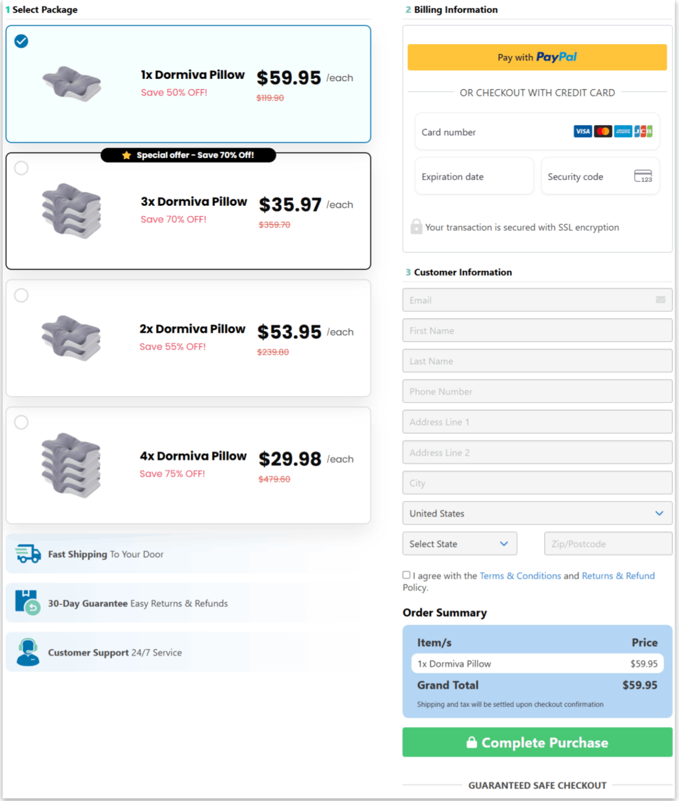 Dormiva Pillow secure checkout page
